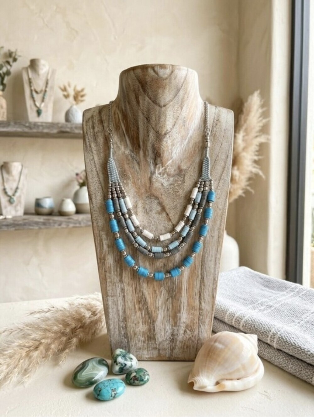 4 Strand Heishi Bead Necklace Turquoise Gray Southwestern Boho Statement 16.5"
